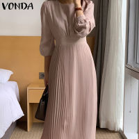 VONDA Women Long Sleeve Holiday Plain Tunic Dress Fashion Pleated Party Long Dresses (Korean Causal)