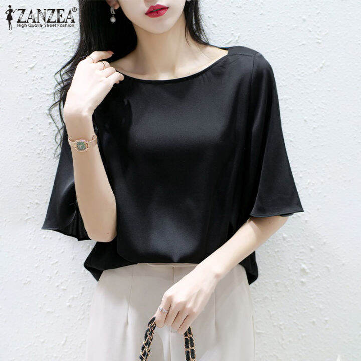 เคลียร์สต๊อกขาย-จัดส่งฟรี-fancystyle-zanzea-ผู้หญิงสไตล์เกาหลีแขนสั้นเสื้อซาตินเนียนเสื้อยืดท็อปส์สำนักงานธุรกิจเสื้ออย่างเป็นทางการ-11