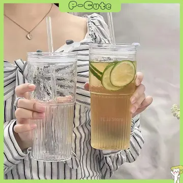 450ML Simple Coffee Cup with Lid and Straw Transparent Glass Tea Cup Juice  Glass Beer Can Milk Mocha Cups Water Mug Drinkware