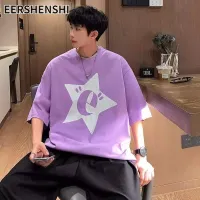 EERSHENSHI เสื้อยืดผู้ชายสไตล์แขนสั้นเกาหลีลายพิมพ์แขนยาวขนาดใหญ่สั้นอินเทรนด์หลวม