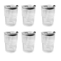 450Ml 6Pcs Simple Striped Coffee Glass with Lid Transparent Bubble Milk Tea Cup Juice Glass Milk Morning Cup