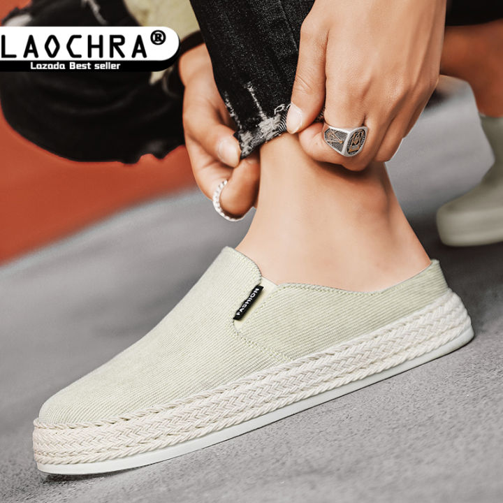 laochra-รองเท้าครึ่งข้อสำหรับผู้ชาย-รองเท้าเปิดส้นรองเท้าส้นเตี้ยรองเท้าโลฟเฟอร์รองเท้าผู้ชายขี้เกียจสำหรับใหม่ผู้ชายรองเท้าลำลองแฟชั่น-sandal-kanvas