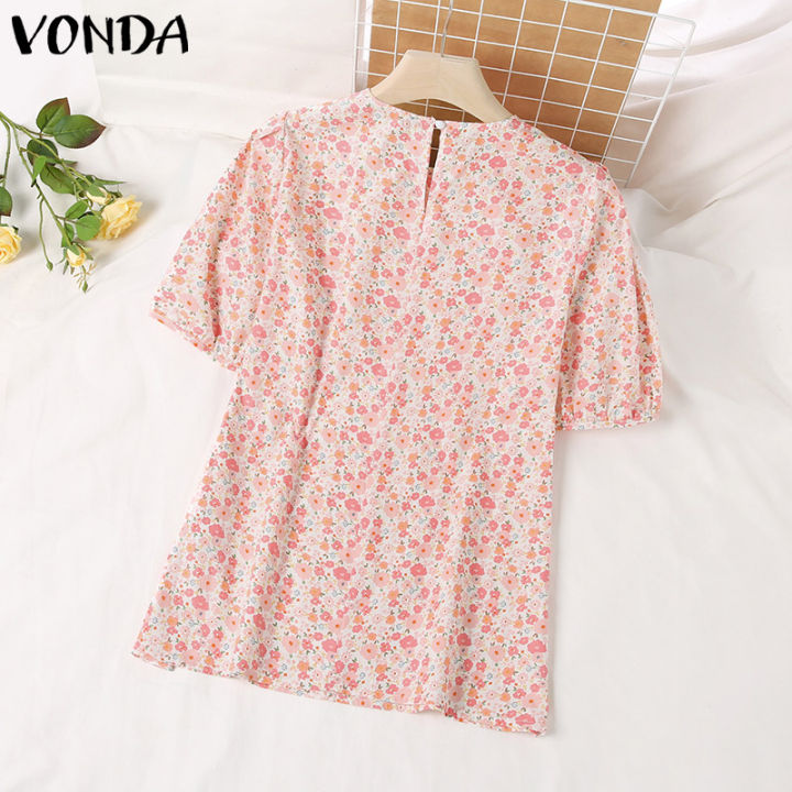 จัดส่งฟรี-fancystyle-vonda-ผู้หญิงลำลองชายแขนสั้น-o-คอเสื้อยืดฤดูร้อนพิมพ์ลายดอกไม้เสื้อจีบ