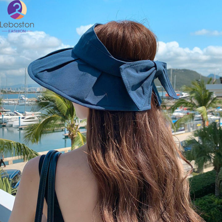 หมวกว่างเปล่ากลวงป้องกันบังแดด-uv-ลายโบว์หมวกบังแดดสำหรับผู้หญิงใส่ในฤดูร้อนพร้อมปีกกว้างสำหรับการเดินทางชายหาด