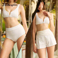 Wakingbee Two Way Bikini (White) 2-in-1 ขาสั้นพร้อมบิกินี่ ใส่แยกได้ เอวสูง ไม่โป๊ ผ้ามีลายในตัว แห้งไว กันยูวี