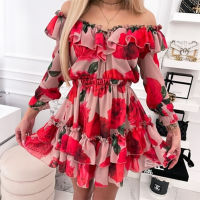 Women Off Shoulder Ruffles Flower Print Dress 2021 Autumn Long Sleeve Elegant Party Dress Female Chiffon Beach Holiday Vestidos