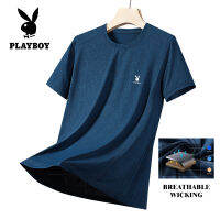 PLAYBOY เสื้อยืดคอกลมแขนสั้นสำหรับคู่รักผ้าไอซ์ซิลค์แห้งเร็วใหม่ฤดูร้อนเสื้อยืดกีฬาแขนสั้นหลากสีแฟชั่นเสื้อยืดระบายอากาศเสื้อยืดแขนสั้น3D เสื้อยืดพิมพ์ภาพสามมิติ