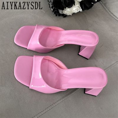 AIYKAZYSDL Summer Slippers Patent Leather Vinyl Glossy Pink White Shoes Women Chunky Block Med Heel Slides Mules Flip Flops 2023