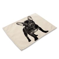 1Pcs French Bulldog Dog Pattern Placemat โต๊ะรับประทานอาหารผ้าฝ้ายลินินเครื่องดื่ม Coaster Cup Mat อุปกรณ์ครัว