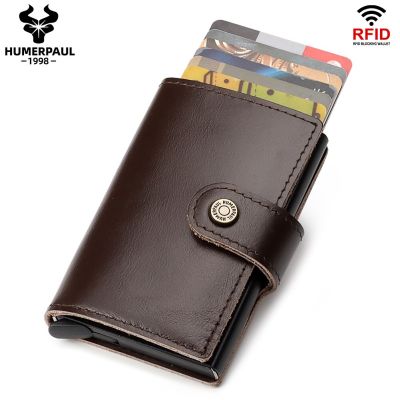 HUMERPAUL Cowhide Leather Thin Men Credit Card Holder Wallet RFID Blocking Minimalist Aluminum Alloy Business Bank Card Case Card Holders