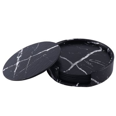 Coasters for Drinks 6-Piece with Holder,Black Round Cup Mat Pad Set Of Home and Kitchen Use