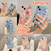 RTY Wristlet ปลอกสำหรับ Samsung กาแล็คซี่ S23อัลตร้าซัมซุง S23บวกกับ S23เคสโทรศัพท์สร้อยข้อมือ Crossbody กลิตเตอร์เคสแบบนุ่มน้ำมันภาพวาดดอกไม้เพชร