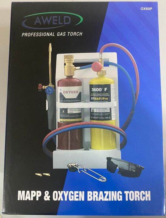 Aweld Brazing Torch Set (OX60P) + Mapp gas 3600° F 16oz & Oxygen 1.4oz