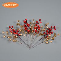 8Pcs Christmas Accessories Gold Red Berry Bean Twig Branch For DIY Xmas Handmade Flower Bouquet Decoration Artificial Flower Artificial Flowers  Plant