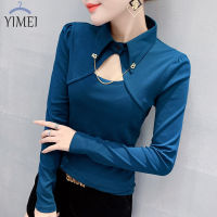 YIMEI บุคลิกภาพแขนยาว Slim-Fit เสื้อยืดผู้หญิง2022ฤดูใบไม้ร่วงและฤดูหนาวใหม่แฟชั่นแนวโน้มบางทั้งหมดตรงกับ Lapel Top สีแดง Bottoming เสื้อ