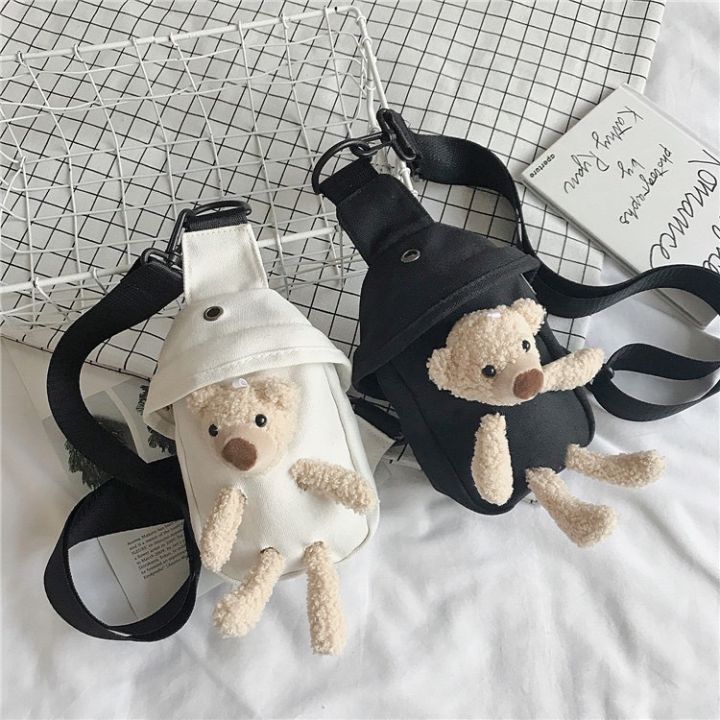 กระเป๋าคาดอกหมีตุ๊กตา-ผ้าแคนวาส-วัสดุทนทาน-ตุ๊กตาหมีติดกระเป๋า-b17