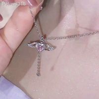 Kpop Fairy Wings Pink Heart Crystal Pendant Necklace Y2K Egirl Emo Women Heart Clavicle Chain Choker Fashion Jewelry Gifts