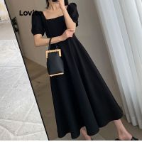 ┇❖ Lovito Elegant Plain Square Neck Puff Sleeve Dress for Women LNE01046 (Black)