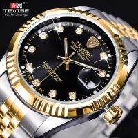 ZZOOI TEVISE Luxury Brand Diamond Gold Black Fashion Watch Stainless Steel Automatic Mechanical Clock Calendar Unique Gift For Men