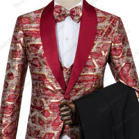 New Man Fashion Red Gold Jacquard Eye-catching High Quality Party Blazer+Pants+Vest Suits Male Casual Slim Blazer Coat Suit