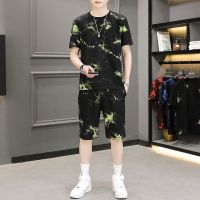 【hot seller】 suit mens summer thin ice silk quick-drying short-sleeved casual five-point trendy brand two-piece set