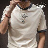 Vintage ผ้าฝ้ายเย็บเสื้อยืดชายคอนทราสต์สีสไตล์วิทยาลัยเสื้อยืดฤดูร้อน Ins กีฬาพิมพ์สั้นผู้ชาย
