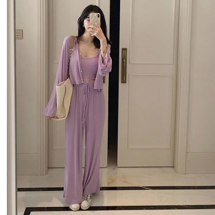 3PCS/Set Fashion 2021 New Purple Casual Crop Top Sling Vest Long Sleeved  Cardigan High Waist Wide Leg Pants Women'S Set