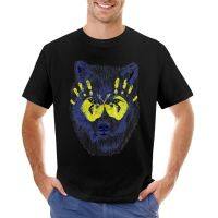 Wolf Portrait In Transparency - Blue Colorized Version And Yellow Handprints T-Shirt Hippie Clothes MenS Cotton T-Shirt