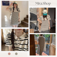 Mira.shop เดรสไหมพรมคอปกกระดุมหน้าลายมินิมอล ชุดมินิเดรส 88063#