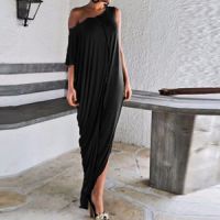 ZZOOI 2020 Splice Contrast Panel Women Dress Summer Casual Loose Off Shoulder Short Sleeve Ladies Irregular Maxi Long Dress Vestidos