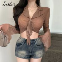 Insker- เสื้อยืดแขนยาว ผ้าตาข่าย สีพื้น เซ็กซี่ สําหรับผู้หญิง V728