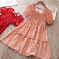 【Ladies shop】พิมพ์ลายจุดสำหรับเด็กผู้หญิง3 7ปีแฟชั่นแขนพัฟเสื้อผ้า Vestidos VeranoChildren 39;