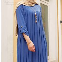 ；【‘；- Solid Color Casual Pleated Dress Muslim Plus Size Women Clothes Middle East Tunic Ramadan Eid Djellaba Turkey Dubai Slamic