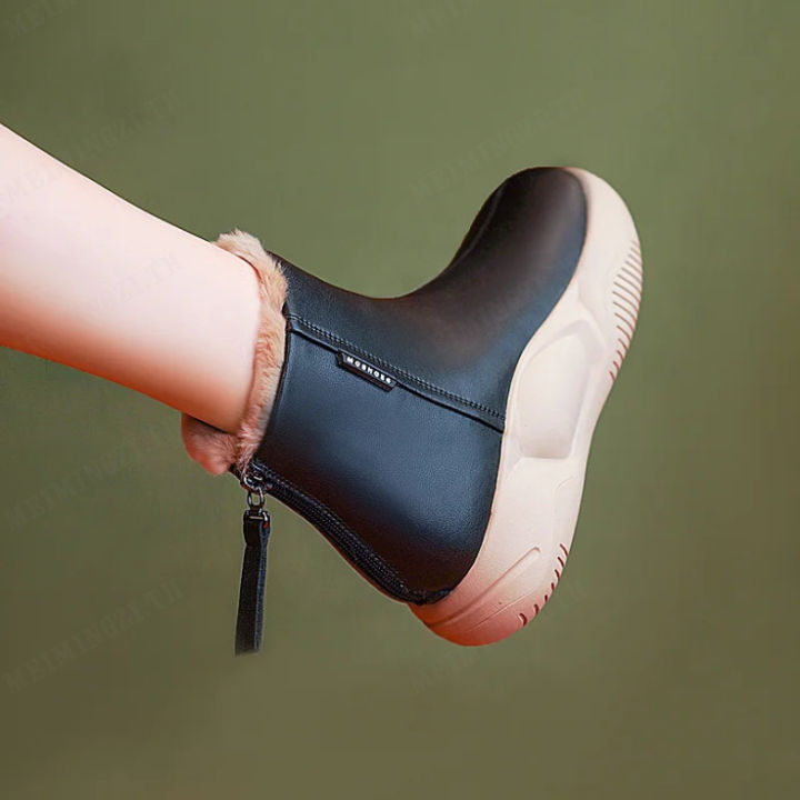 meimingzi-รองเท้าบูทหนังสตรีฤดูหนาวรองเท้าบู๊ตหิมะหนาอบอุ่นด้านล่างรองเท้าผ้าฝ้ายใหม่พร้อมขนแกะ