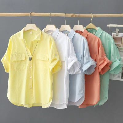 Cotton short-sleeved solid color shirt for women 2023 Summer new outerwear shirt design loose thin top women 2023