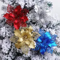 1PC Christmas Fake Flowers, Artificial Glitter Christmas Tree Flowers, Glitter Merry Christmas Tree Ornaments Xmas Decorations For Home New Year 0917