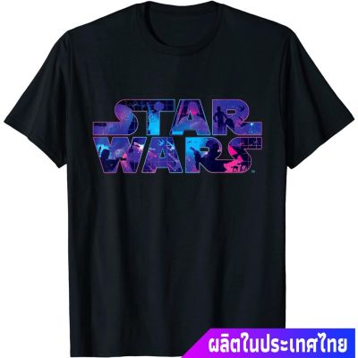 เสื้อยืดสีพื้นคอกลม ชุดครอบครัวพ่อแม่ลูกทารก เสื้อยืดผู้หญิง เสื้อยืดเด็กผู้ชาย Star Wars Logo Retro 90s Twinkling StarsS-5XL
