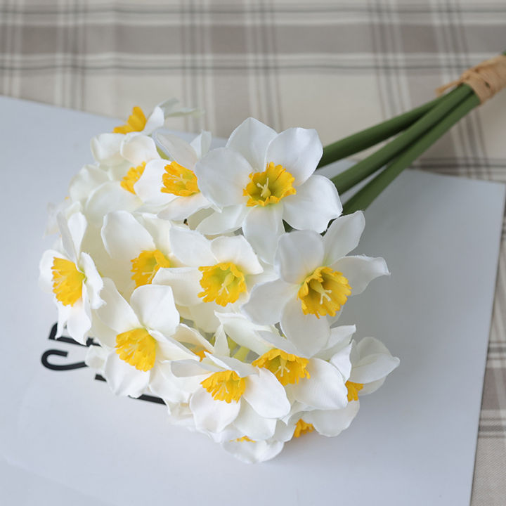 พวงหรีดต้นไม้ประดิษฐ์ช่อดอกไม้เทียม6ชิ้น-พวงของตกแต่งบ้านดอกแดฟโฟดิล6ชิ้น-พวง