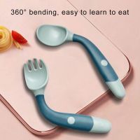 2PCS /Set Baby Kids Silicone Spoon Utensils Set Auxiliary Food Toddler Learn To Eat Training Bendable Soft Fork Infant Tableware Bowl Fork Spoon Sets