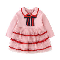 Spring and Autumn Cute Kids Clothing Childrens Casual Dress Pink Bow Tie Infant Long Sleeve Dress Outing Baby Girl Clothes