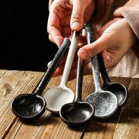 Retro Japanese Ceramic Soup Spoon Long Handle For Ramen Rice Noodle Soup Heat Resistant Teaspoon Kitchen Tableware Utensil Serving Utensils