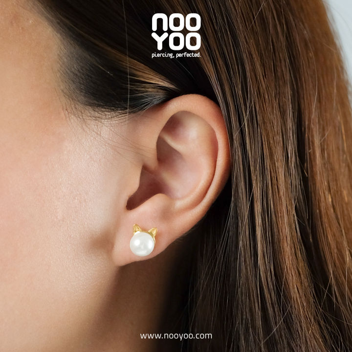 nooyoo-ต่างหูสำหรับผิวแพ้ง่าย-cat-face-with-pearl-gold-pvd-surgical-steel