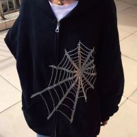 Gothic rhinestone spider web hot rhinestone zipper hoodie Women Casual Harajuku punk oversized clothing Sweatshirt Jacket Coat