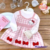 ?พร้อมส่ง?  Hello kitty เดรสแขนยาวลายเอี๊ยมสก็อตชมพู(ผ้านิ่มยืดดีมาก)?