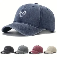 NianMiao Washed Vintage Simple Baseball Cap Heart Embroidered Dad Hat Curved Brim Adjustable Sun Hats