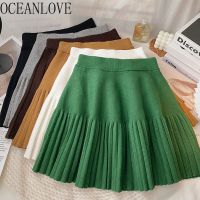 {Summer skirt} OCEANLOVE กระโปรงถักผู้หญิงทรงเอไลน์สีพื้น MODE Korea เอวสูงฤดูใบไม้ร่วงฤดูหนาว