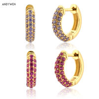 ANDYWEN 925 Sterling Silver Rose Red Purple Zircon Circle Hoops Round Women Luxury Crystal CZ Loops Piercing Ohrringe Jewelry