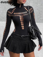 Goth Dark Cyber Y2k Punk เซ็กซี่ Hollow Out Bodysuits Gothic Techwear คอเต่าสีดำ Bodycon เสื้อยืด Moto แขนยาว Streetwear