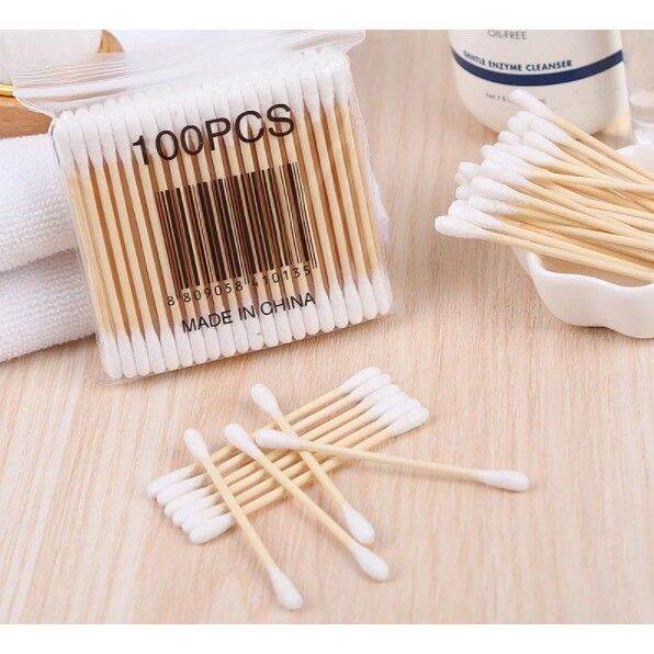 100PCS Disposable Double Head Wooden Cotton Swab Makeup Cotton Buds Tip