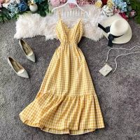 COD SDFGERTYTRRT Korean Style Women Ladies Slim Waist Summer Sleeveless Plaid Ruffle Pleated Maxi Long Dress Ready Stock New